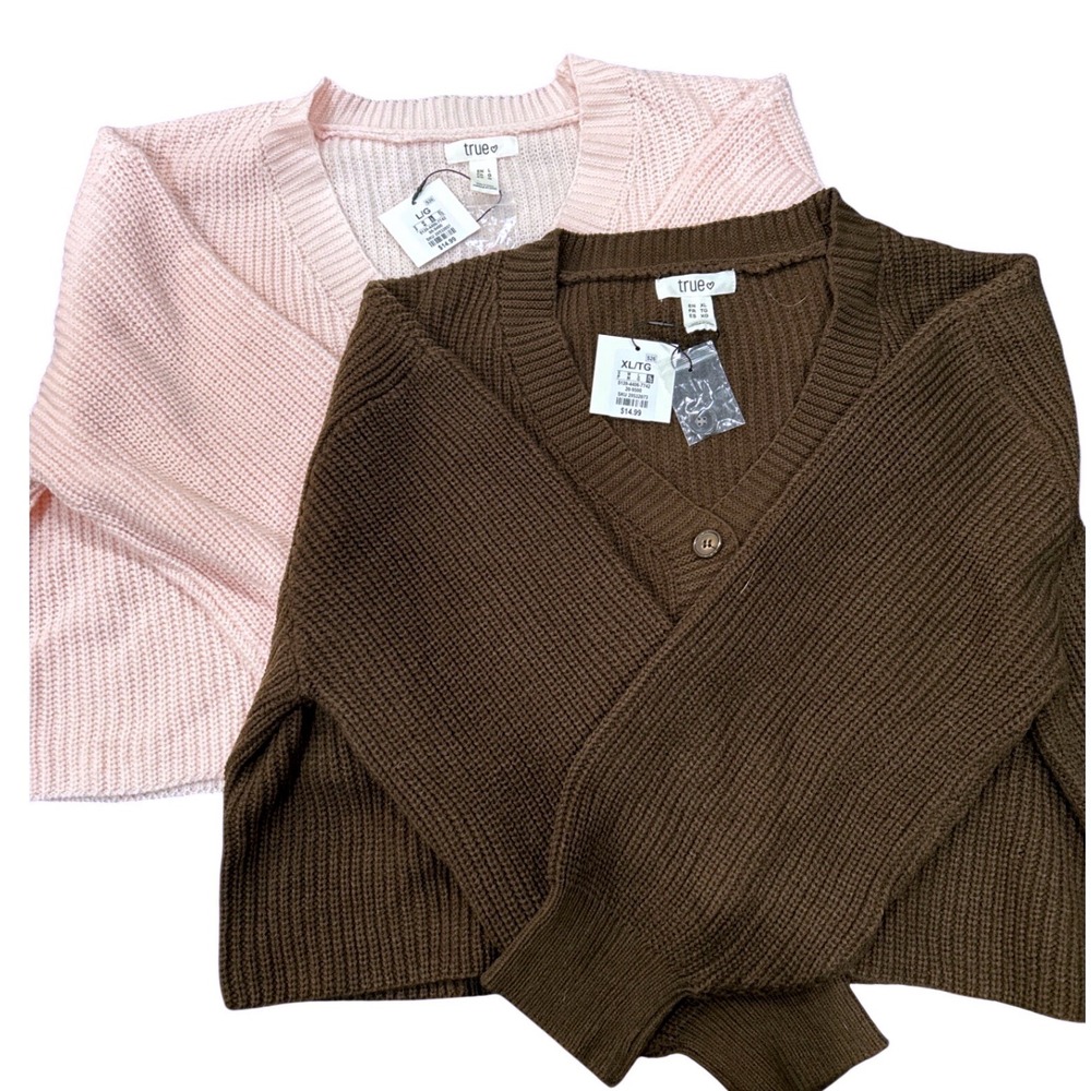 True L/xL set of 2 Womens Cropped Ribbed Knit Cardigan Sweater Brown Pink NEW - Picture 1 of 2